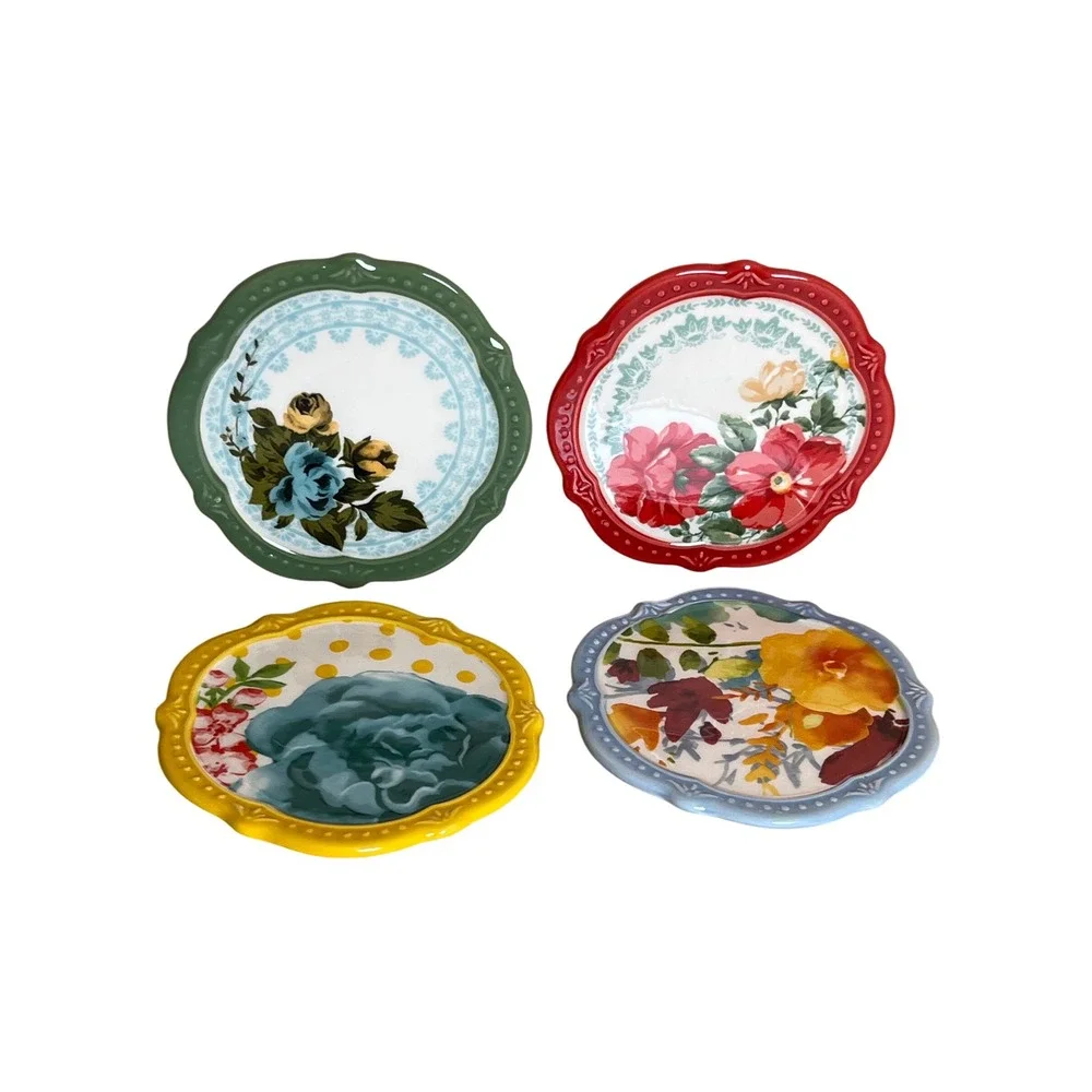 Pioneer Woman Stoneware Coaster Set/4 Floral Scalloped Edge Cork Back Farmhouse